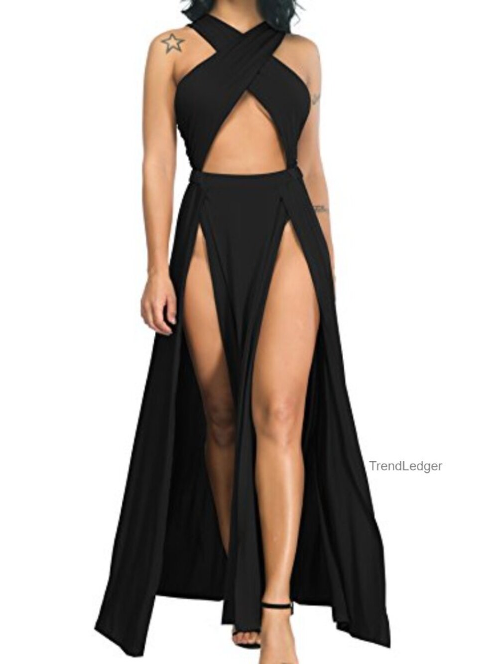 Women Sexy Hollow Out Halter Wrap Sleeveless Plain Pleated Slit Casual Long